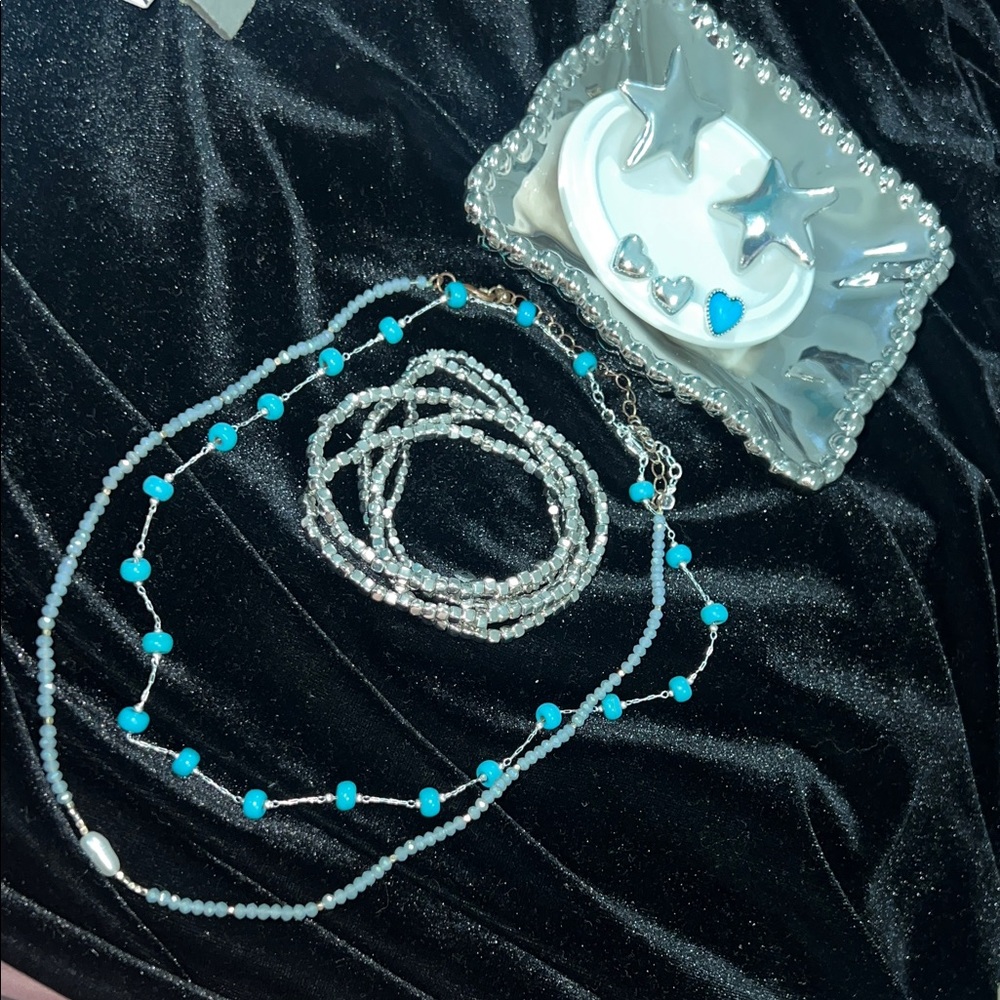 Western Jewelry Set | Blue and Silver Beaded Necklace, bracelet & Earrings